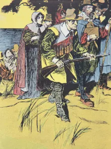 The Pilgrim Fathers entering the New World (colour litho) The Pilgrim Fathers entering the New World (colour litho)