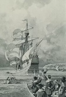The Pilgrim Fathers sail for the unknown land (litho)