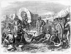 Pilgrims of the Plains, pub. 1871 (engraving) Pilgrims of the Plains, pub. 1871 (engraving)