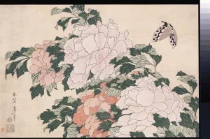 Pink and Red Peonies Blown to the Left in a Breeze and a Butterfly (woodblock print) Pink and Red Peonies Blown to the Left in a Breeze and a Butterfly (woodblock print)