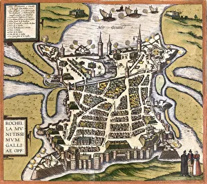 Plan of La Rochelle (Rochella), France (etching, 1572-1617)