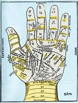 Planetary and zodiacal diagram of the left hand, from Oeuvres Diverses' Planetary and zodiacal diagram of the left hand, from Oeuvres Diverses'