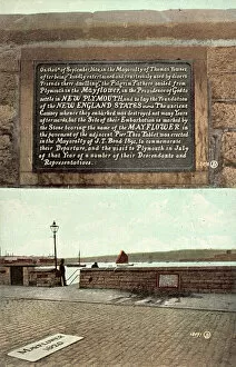 Plaque commemorating the departure of the Mayflower for the New World from Plymouth, Devon, in 1620 (colour photo)