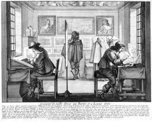 Plate engravers working with gallery behind, 1643 (engraving) (b/w photo) Plate engravers working with gallery behind, 1643 (engraving) (b/w photo)
