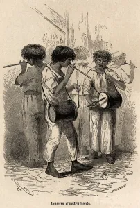 Players of musical instruments in Sarayacu (Peru), drawing by Riou Players of musical instruments in Sarayacu (Peru), drawing by Riou