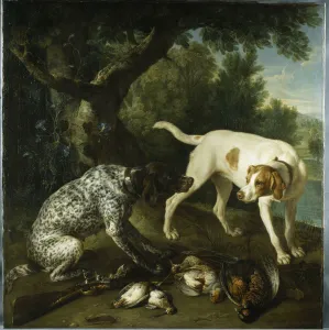 Two pointers belonging to the 3rd Earl of Burlington with dead game in a landscape Two pointers belonging to the 3rd Earl of Burlington with dead game in a landscape