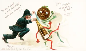 Police Constable chasing christmas pudding and bottle of wine, Christmas Card (chromolitho) Police Constable chasing christmas pudding and bottle of wine, Christmas Card (chromolitho)