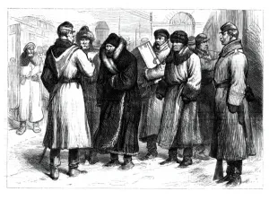Illustration Technique Gallery: Political prisoners on railway station, Russia, 1880