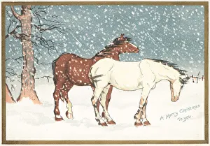 Ponies in the snow, Christmas Card (chromolitho) Ponies in the snow, Christmas Card (chromolitho)