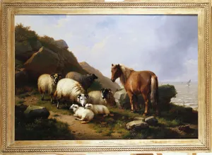 A pony and sheep on a cliff with a sailing vessel beyond, 1868 (oil on panel) A pony and sheep on a cliff with a sailing vessel beyond, 1868 (oil on panel)