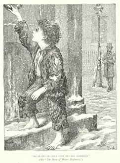 Poor homeless child knocking on the door of a Dr Barnardo's home (engraving) Poor homeless child knocking on the door of a Dr Barnardo's home (engraving)