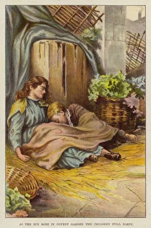 Poor homeless children sleeping in Covent Garden in Victorian London (chromolitho)