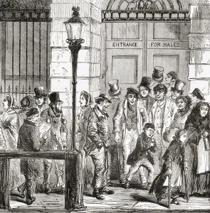Poor people waiting at a hospital door in early 19th century London, England Poor people waiting at a hospital door in early 19th century London, England