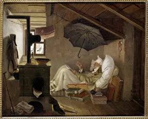 Heating Collection: Poor poet An old man lies in an attic. Painting by Carl Spitzweg (1808-1885) 1839. Dim. 0