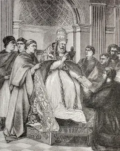 Pope Gregory IX handing the Decretals to an advocate of the Consistory, from Military Pope Gregory IX handing the Decretals to an advocate of the Consistory, from Military