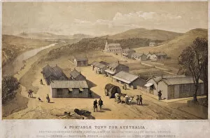 A portable town for Australia, showing the Church and Parsonage House as ordered to be sent out... (colour litho)