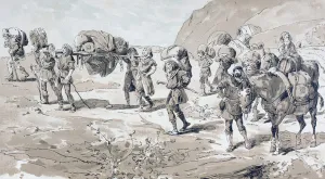 Porters carrying goods in baskets on their backs, 1886 (colour litho) Porters carrying goods in baskets on their backs, 1886 (colour litho)