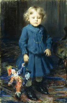 Fair Haired Gallery: Portrait of a Child, with a Doll, (pastel on canvas)