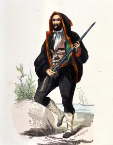 Corsican Gallery: Portrait of Corsican bandit in traditional costume and weapon of a rifle - Signed by S