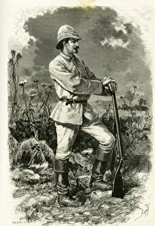 Portrait of Dr. Emile Holub, in an exploration suit, engraving by Tofani