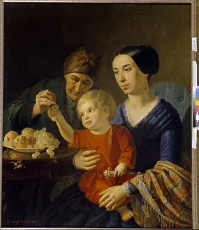 Portrait de famille (Family Portrait). Un bebe tenant un hochet, sur les genoux de sa mere Portrait de famille (Family Portrait). Un bebe tenant un hochet, sur les genoux de sa mere