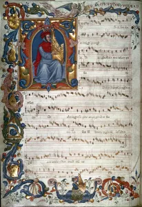 Portrait of Francesco Landino and a musical score, illustration from ' Portrait of Francesco Landino and a musical score, illustration from '