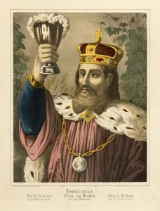 Portrait of Gambrinus, legendary King of Flanders, pictorial broadsheet published by F.C Portrait of Gambrinus, legendary King of Flanders, pictorial broadsheet published by F.C