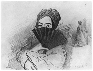 Portrait of George Sand (1804-76) behind her fan (pencil on paper) (b/w photo) Portrait of George Sand (1804-76) behind her fan (pencil on paper) (b/w photo)