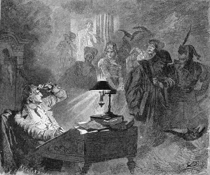 Portrait of Goethe surrounded by Faust characters Engraving Portrait of Goethe surrounded by Faust characters Engraving