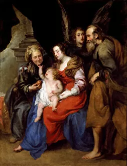 Portrait of the holy family with st Anne, mother of Mary and an angel (oil on canvas, 17th century)