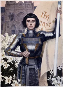 Portrait of Joan of Arc with flag and lilies on the background of Notre Dame Cathedral by Portrait of Joan of Arc with flag and lilies on the background of Notre Dame Cathedral by