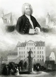 Portrait of Johann Sebastian Bach (1685-1750) and Monument, 1850 (engraving) Portrait of Johann Sebastian Bach (1685-1750) and Monument, 1850 (engraving)