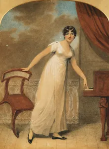 Portrait of a Lady, standing full length in a White Dress by a Piano Portrait of a Lady, standing full length in a White Dress by a Piano