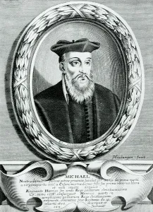 Portrait of Michel de Nostredame (Nostradamus) (1503-66) (engraving) (b&w photo) Portrait of Michel de Nostredame (Nostradamus) (1503-66) (engraving) (b&w photo)