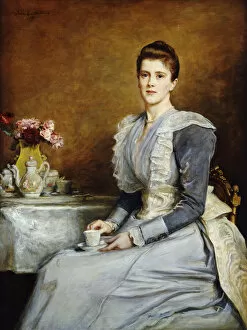 Sir John Everett Millais Gallery: Portrait of Mrs. Joseph Chamberlain, seated three-quarter length at a tea-table