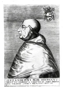 Portrait of Pope Alexander VI (1492-1503) 16th-17th century (engraving) (b/w photo) Portrait of Pope Alexander VI (1492-1503) 16th-17th century (engraving) (b/w photo)