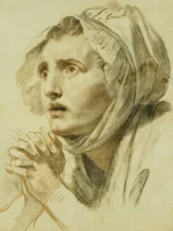 Portrait of a Woman, Bust Length, in a Bonnet, with her Hands Clasped, (red chalk