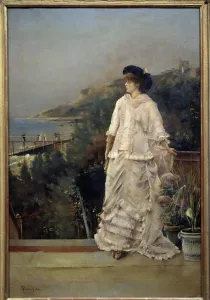 Portrait of a Woman on a Terrace by the Sea Painting by Alfred Stevens (1823-1906 Portrait of a Woman on a Terrace by the Sea Painting by Alfred Stevens (1823-1906
