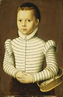 Artist Flemish Gallery: Portrait of a Young Girl Wearing a Black and White Costume Holding a Basket