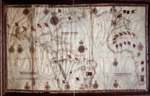 Portulan of the Atlantic and Pacific, 16th century. Geographic map of Portuguese Portulan of the Atlantic and Pacific, 16th century. Geographic map of Portuguese