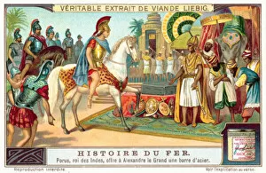 Porus, King of the Pauravas, offering Alexander the Great a bar of steel (chromolitho)