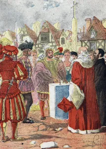 Posing by the King of France Francois I of the first stone of the Hotel de Ville de paris Posing by the King of France Francois I of the first stone of the Hotel de Ville de paris