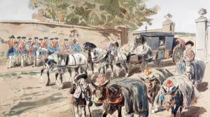 A Post-Chaise entering a Walled Compound and passing between a Band and a Donkey Train A Post-Chaise entering a Walled Compound and passing between a Band and a Donkey Train
