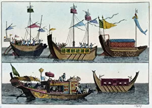 Postal frigate, warship, wheeled ship, mandarin barque, hawk-beaked ship - in ' Le costume ancien et moderne"
