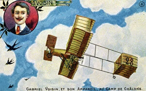 Means Of Conveyance Gallery: Postcard celebrating French pioneer aviator Gabriel Voisin, early 1900s (chromolitho)