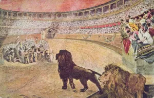 Postcard depicting christian martyrs in the arena in Rome, c.1910 (colour litho) Postcard depicting christian martyrs in the arena in Rome, c.1910 (colour litho)