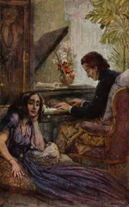 Postcard depicting George Sand (1804-76) listening to Frederic Chopin (1810-1849 Postcard depicting George Sand (1804-76) listening to Frederic Chopin (1810-1849