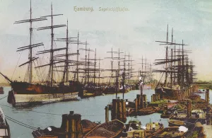 Postcard of the sailing ship harbour at Hamburg, c.1900 (coloured photo) Postcard of the sailing ship harbour at Hamburg, c.1900 (coloured photo)