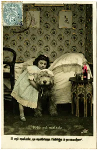 Postcard: Toto is sick, he is sick, his mistress forces him to go to bed Postcard: Toto is sick, he is sick, his mistress forces him to go to bed