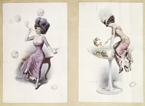 Ephemera And Silhouettes Gallery: Postcards depicting a woman blowing bubbles & fishing in a Champagne Glass, c.1900 (colour litho)